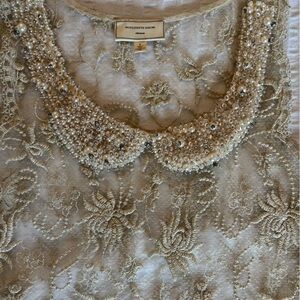 Anthropologie Moulinette Soeurs Gold Lace, Pearl and Rhinestone Top Large - Cute